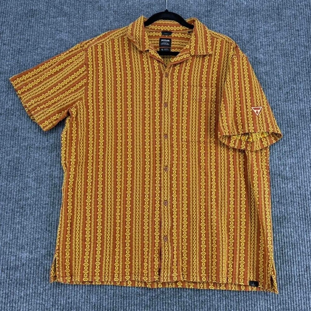 prAna men's XL organic cotton button up shirt boho festival geometric pattern